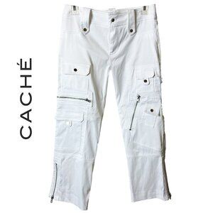 Cache | White Capri Designer Pants | Eye-Catching Silver Hardware | Size 0 | EUC